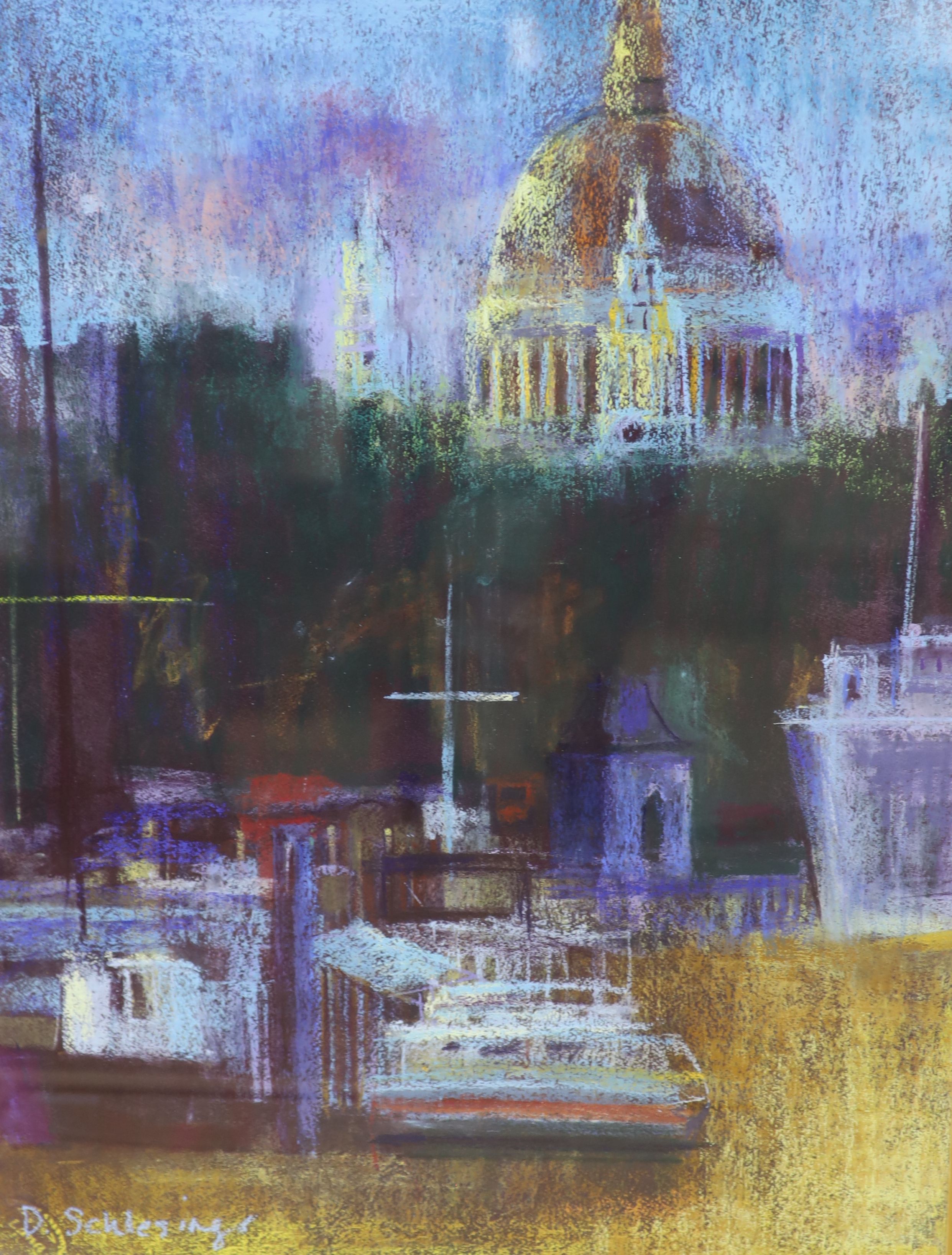 D. Schlesinger, three pastels, St Paul's from The Thames and related studies, signed, largest 57 x 74cm